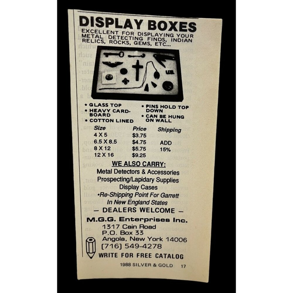 M.G.G. Enterprises Mini Print Ad Vintage 80s Metal Detecting Display Boxes Angol